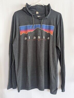 Women's Large Alaska Graphic Hooded Long Sleeve Tee Charcoal Grey Top